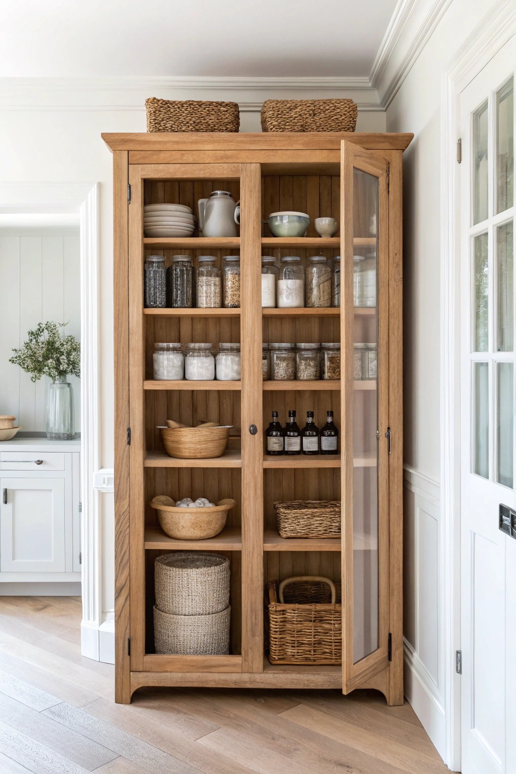 Elevate your kitchen with a beautifully crafted floor-to-ceiling pantry cabinet—where storage meets serene design.