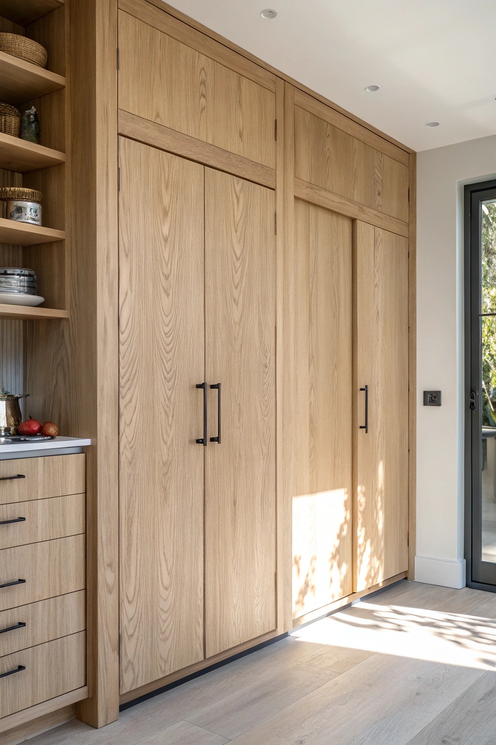 Effortless elegance: a pantry door hidden in seamless cabinetry.