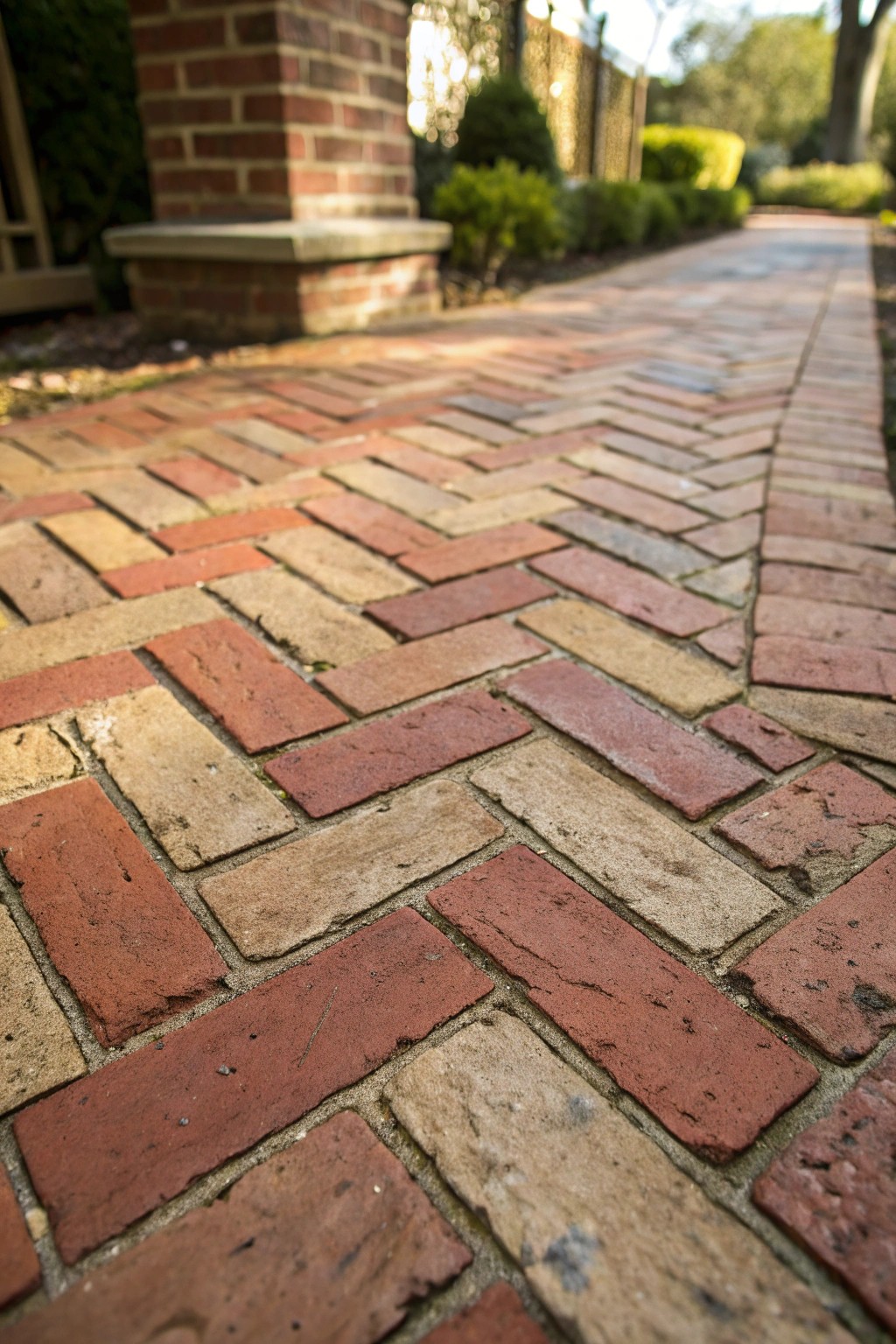 Timeless herringbone brickwork—elegant charm for your patio sanctuary.