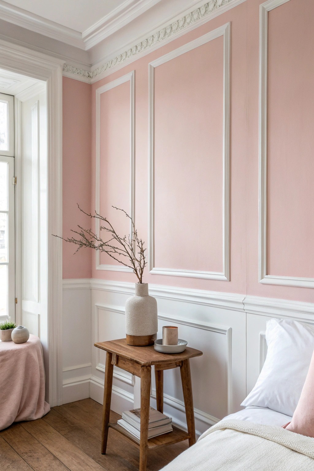 Elevate your bedroom with the timeless charm of a blush pink accent wall.