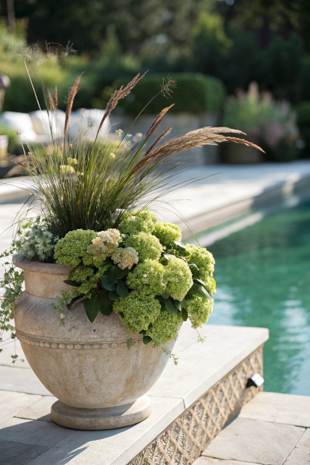 Transform your poolside into a green oasis with lush, layered foliage.