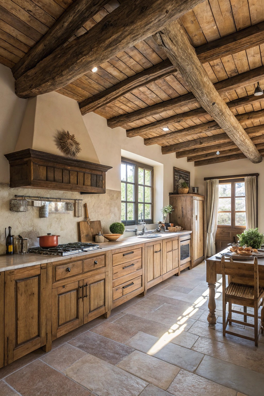 Exposed wooden beams add architectural warmth and rustic charm overhead.