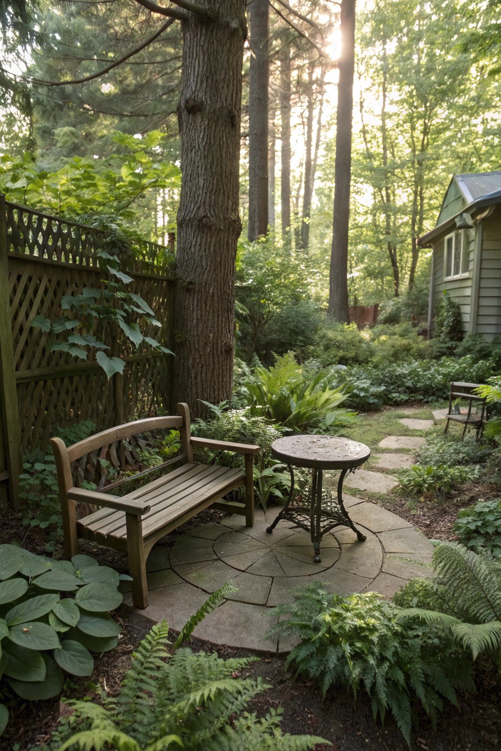 A peaceful seating nook nestled in a leafy shade garden, perfect for relaxing.