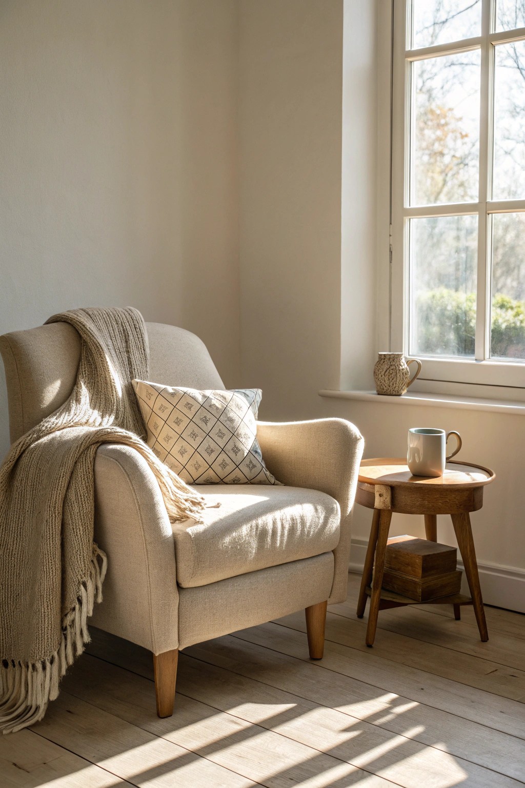 A sunlit armchair nook—where comfort and natural beauty meet.