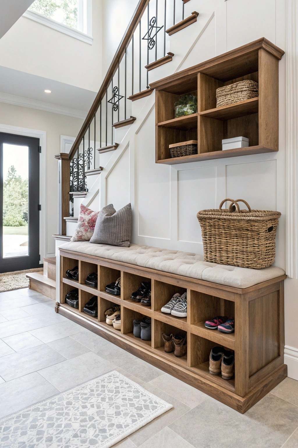A chic entryway bench offers both seating and smart shoe organization.