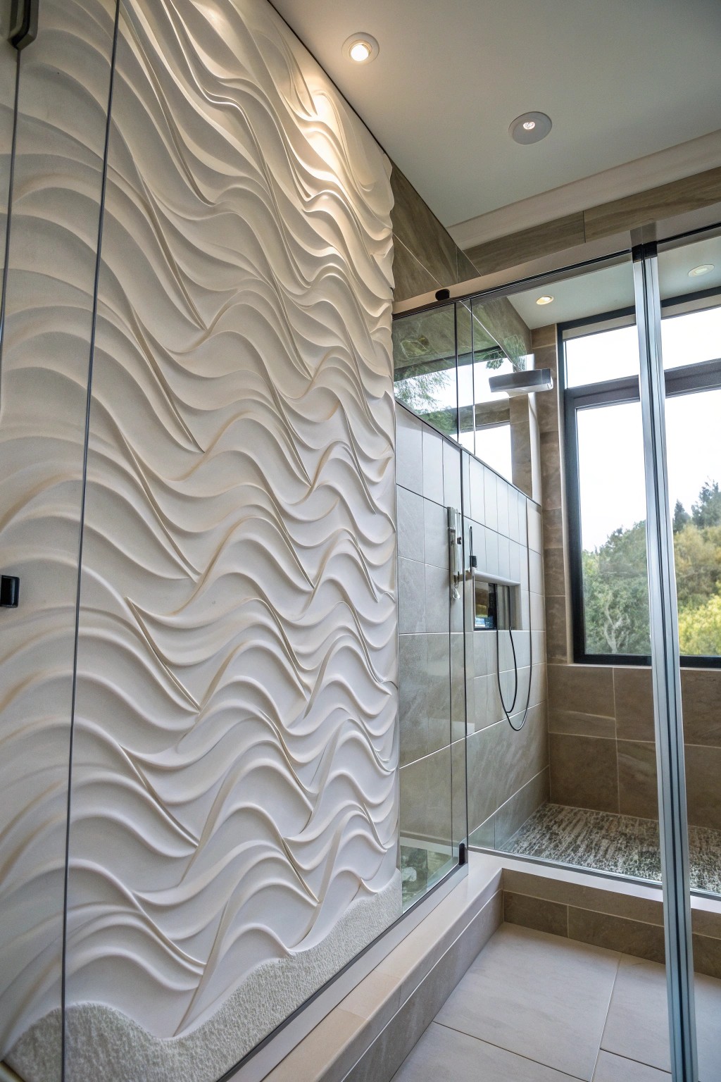 Sculptural tiles add depth and movement, making your shower wall a true statement piece.