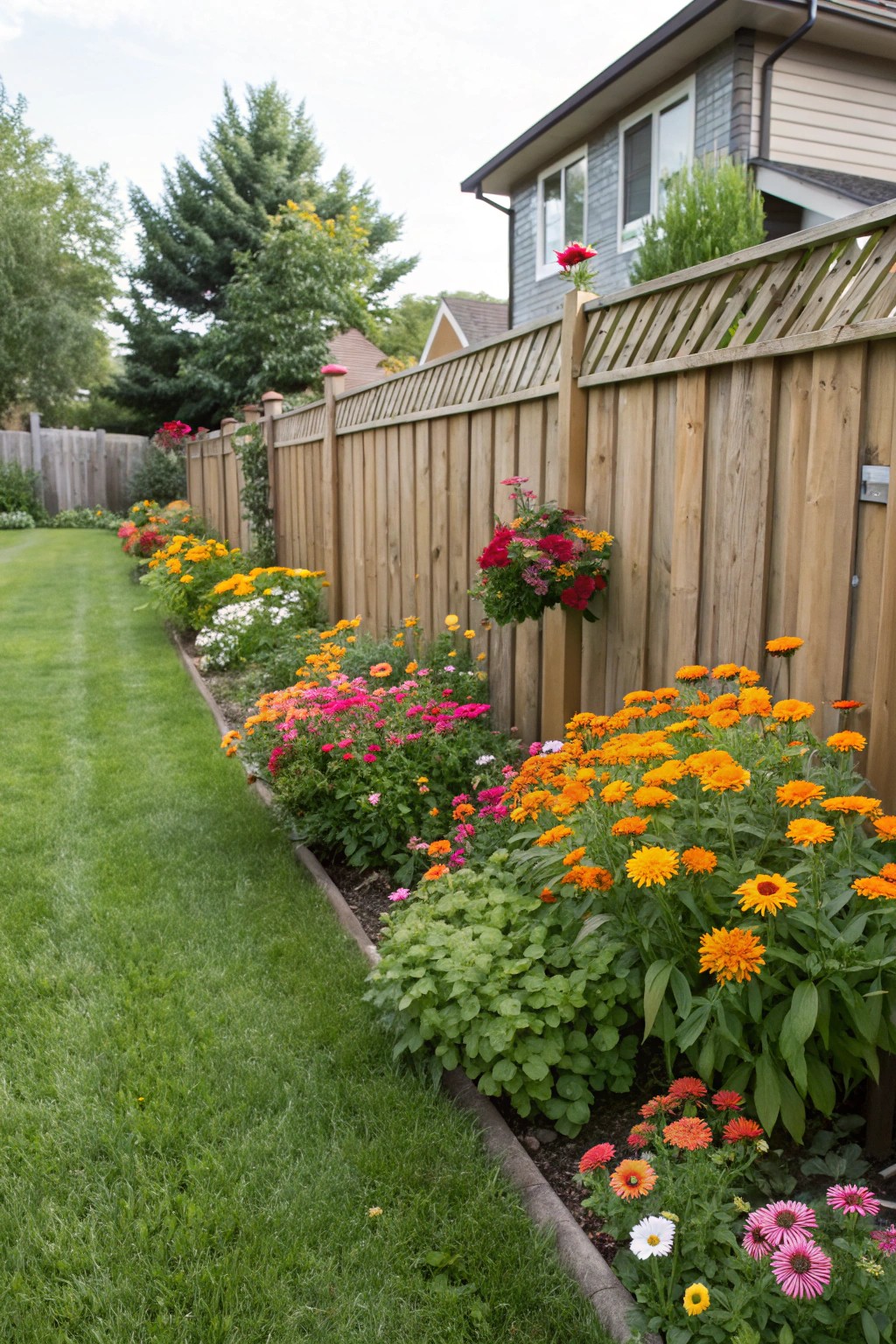 A lively flower bed brings color and charm to any fence line.