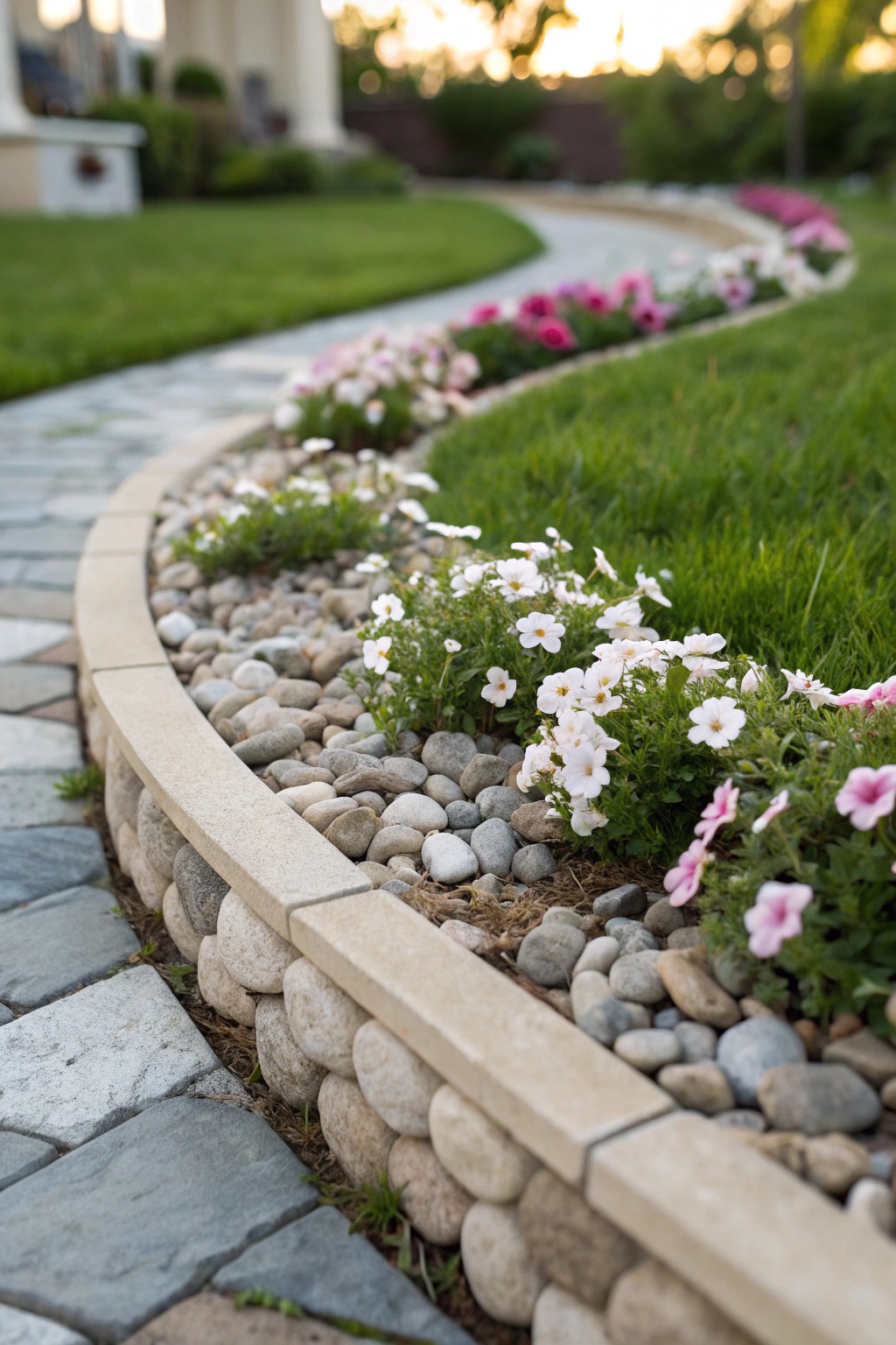 Effortless charm: Curved stone edging frames a simple front yard flower bed.