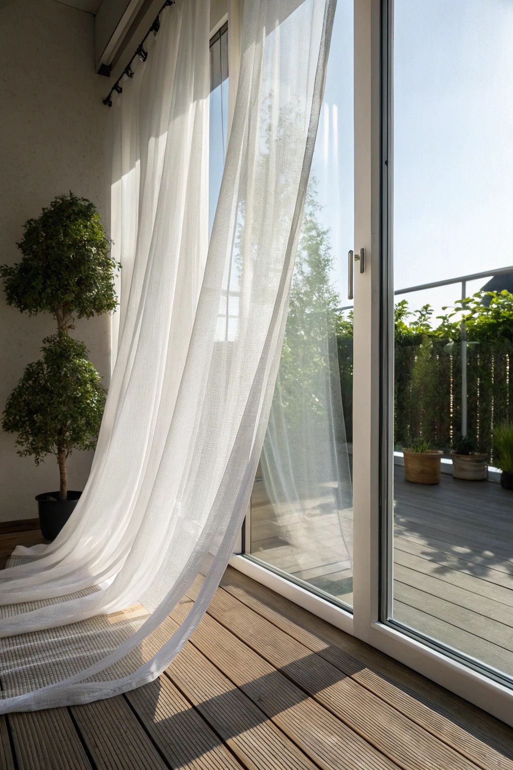Embrace soft daylight with simple white sheers for your sliding door.