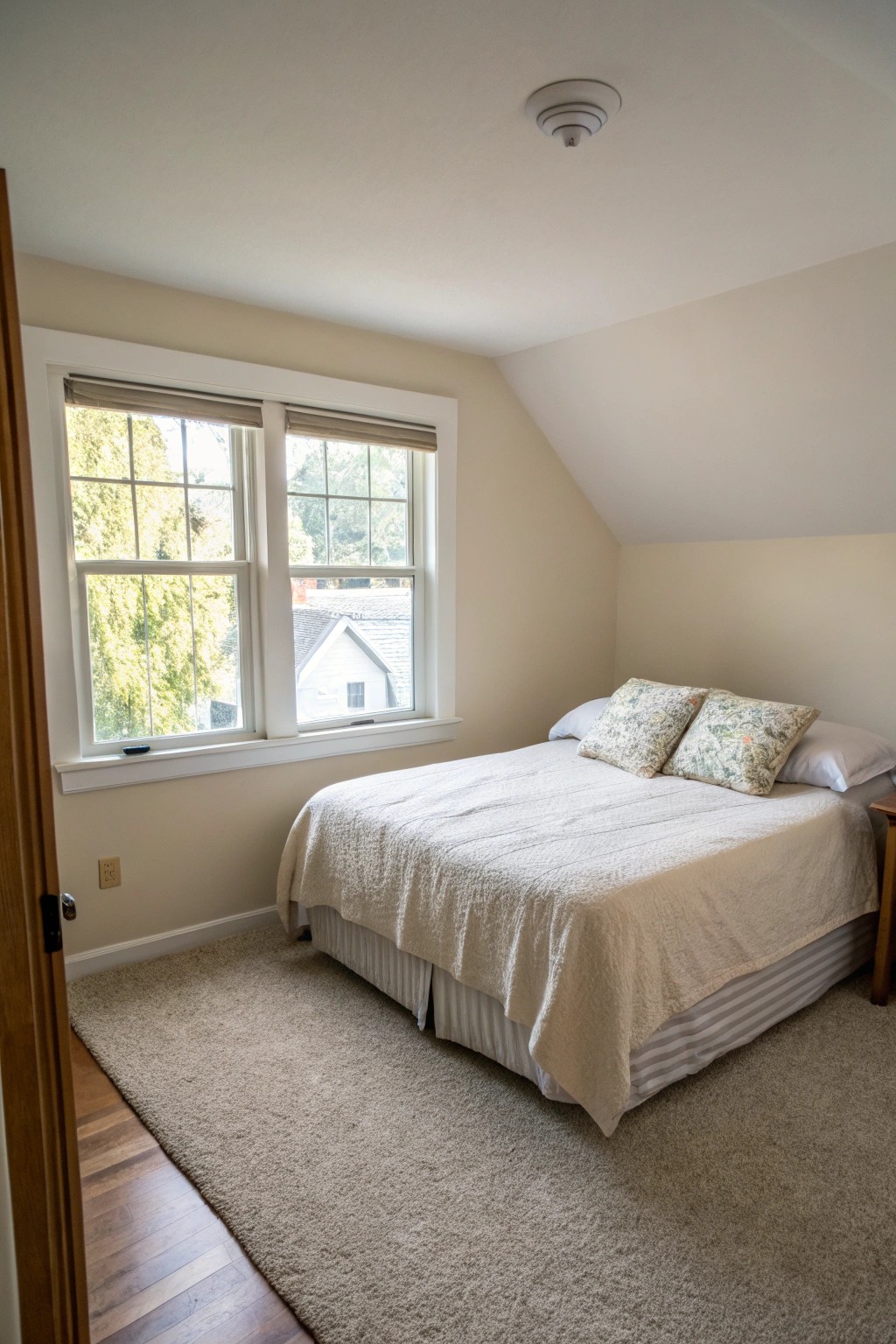A bed placed in the corner maximizes open space and creates a restful retreat in a compact bedroom.