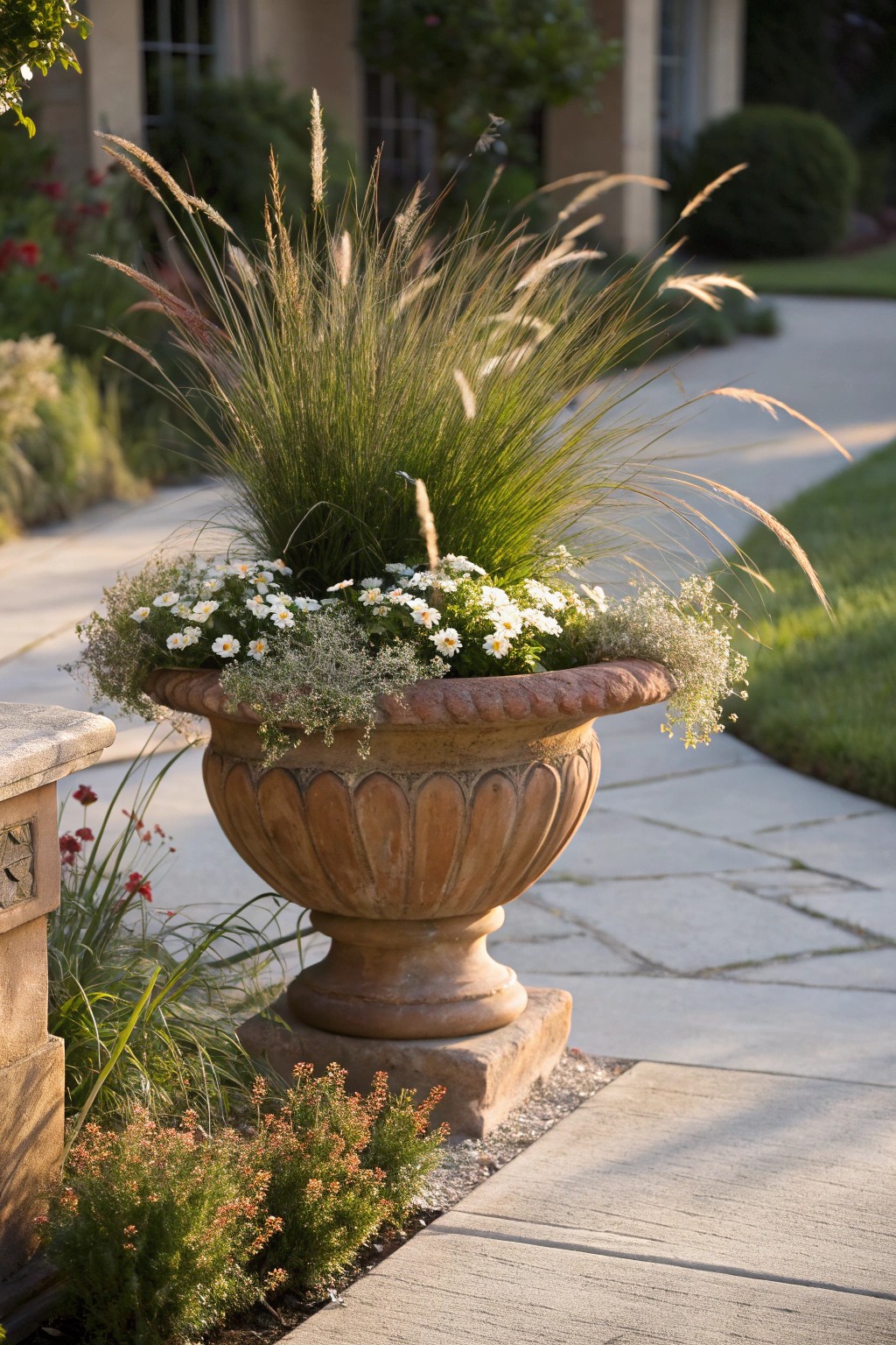 Create depth in your small front yard with layered planting—tall grasses behind, petite blooms in front for a lush, spacious look.