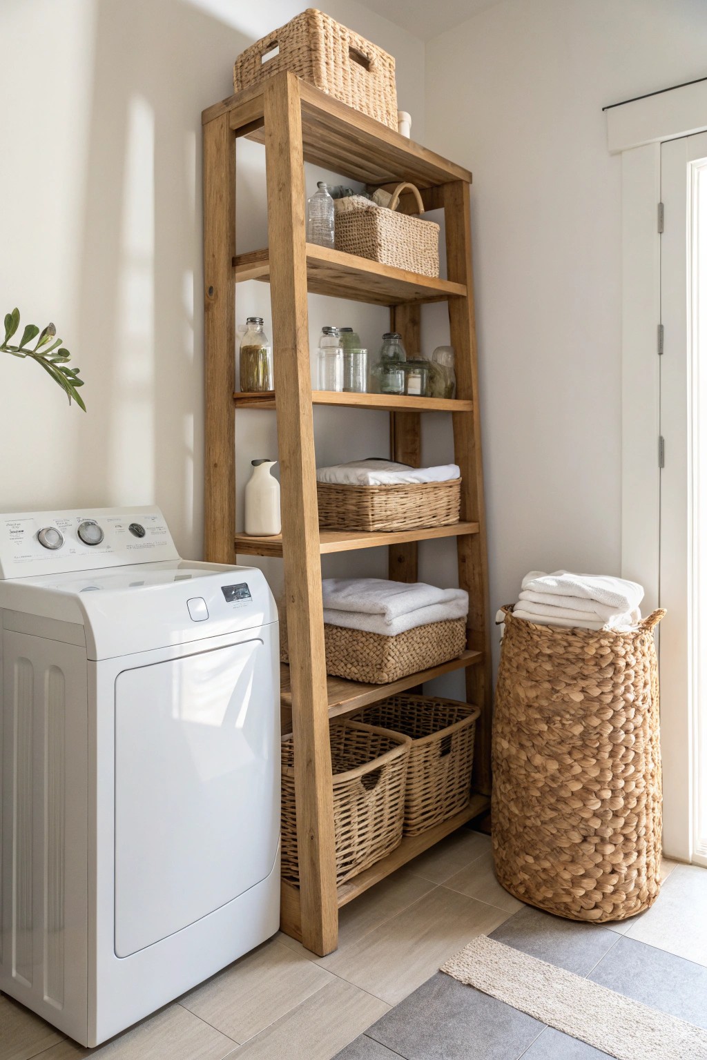 Elevate your laundry space with tall, handcrafted shelving—where style meets simplicity.