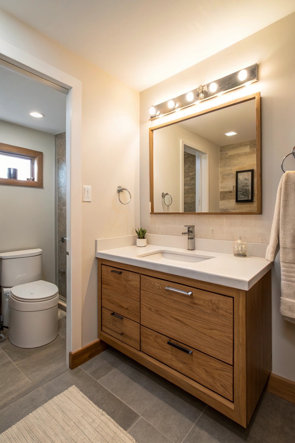 A wall-mounted wood vanity in a compact bathroom, showcasing open floor space and a sleek silhouette.