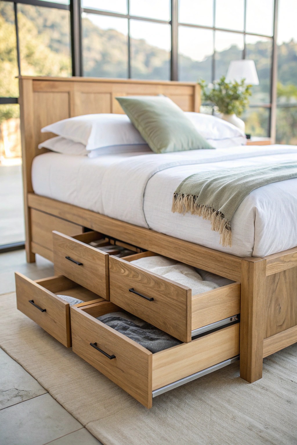 Effortless elegance: a minimalist bed with hidden storage for a serene master retreat.