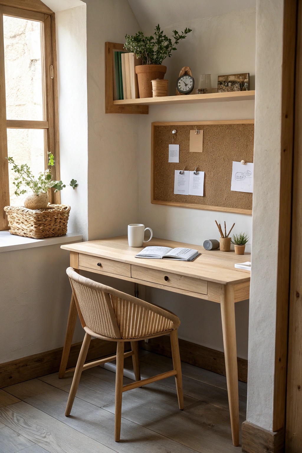 Transform an unused nook into a serene mini office with simple, handcrafted touches.
