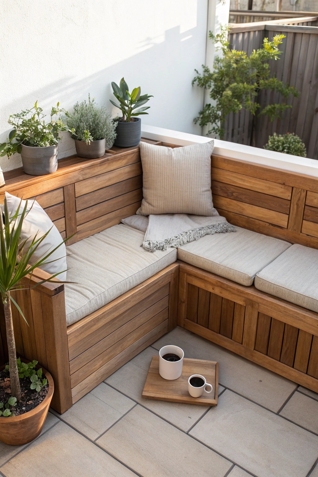 Transform your patio corner into a cozy retreat with a handcrafted wooden banquette.