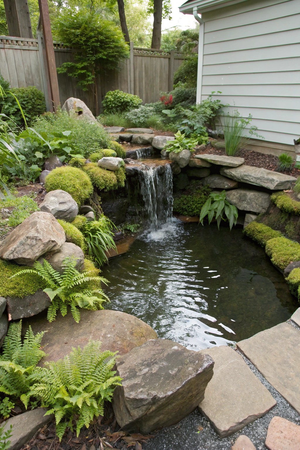 A small pond with a natural stone cascade surrounded by lush greenery.