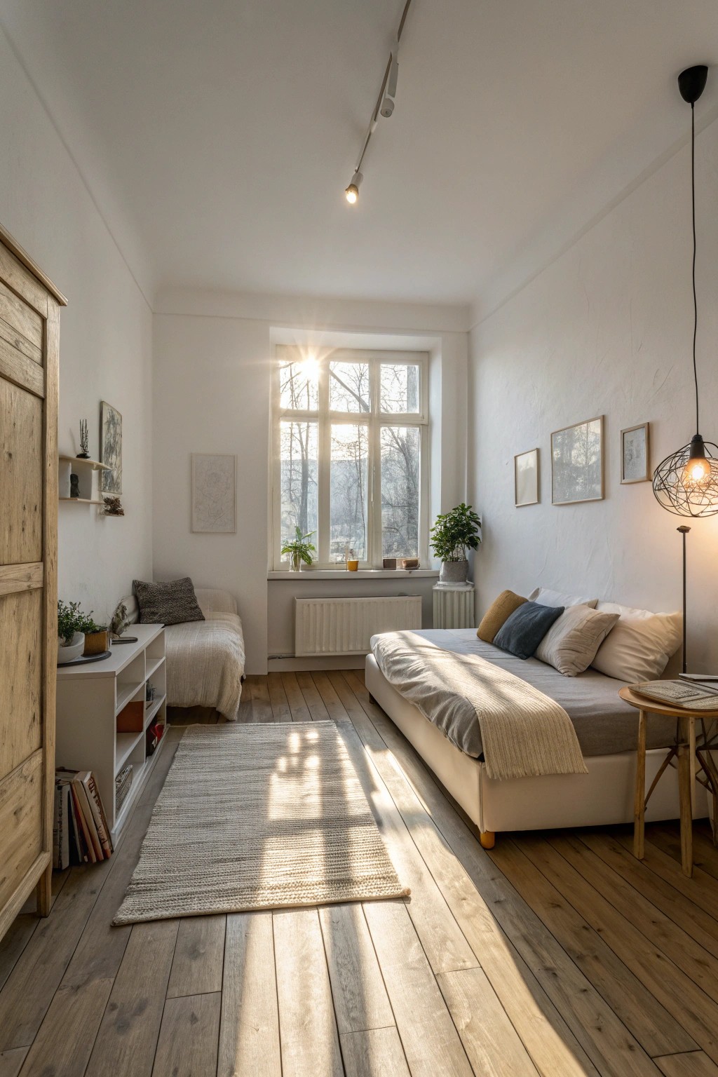 Bright colors and pale woods make this small studio feel open and inviting.