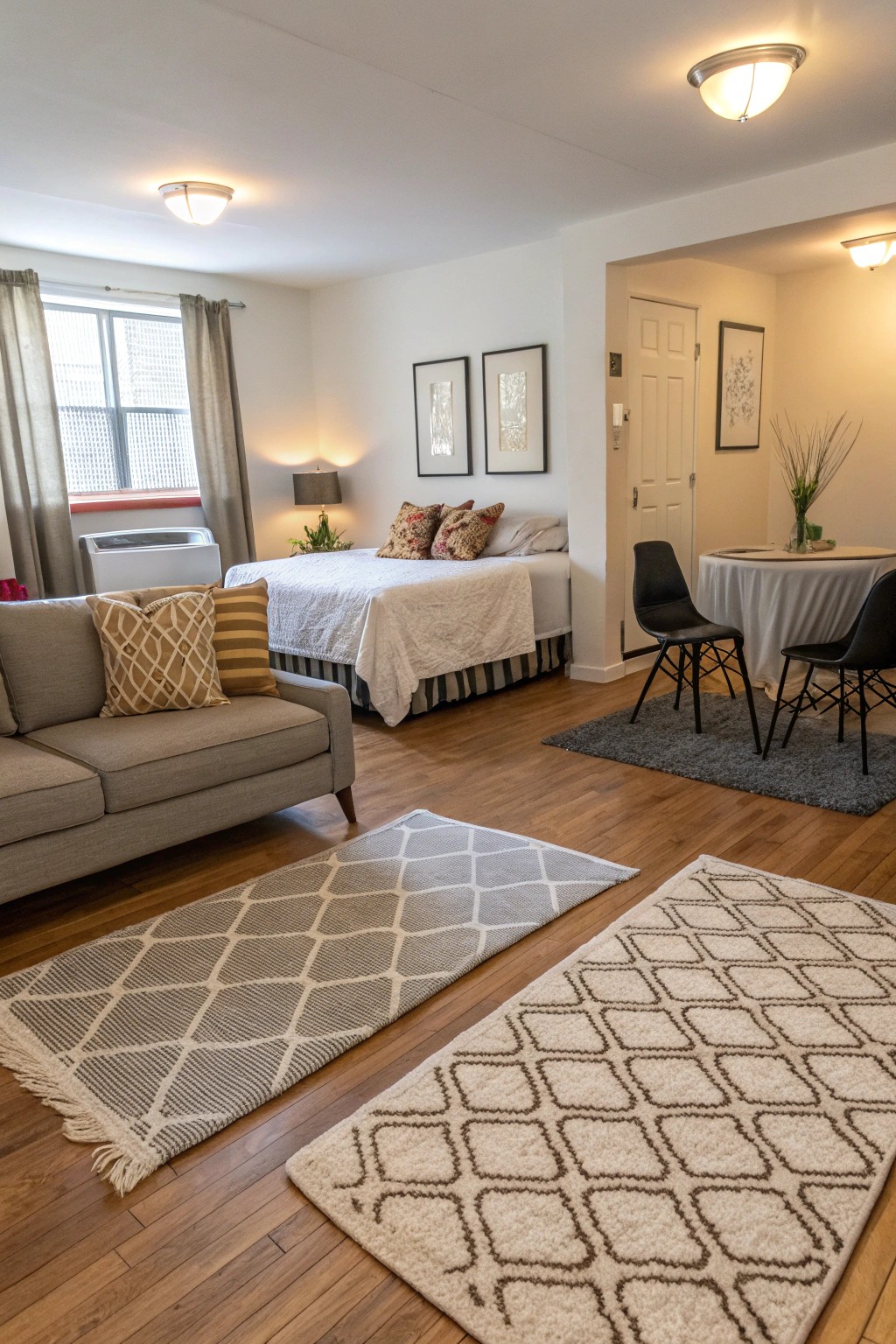 Distinct zones created with area rugs in a seamless studio layout.