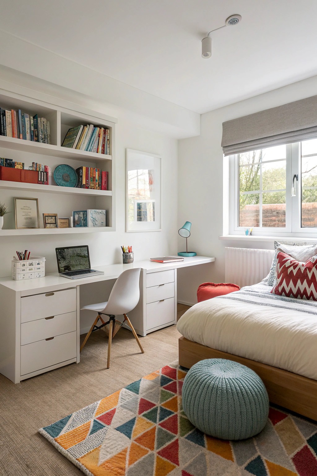 A teen boy’s bedroom thoughtfully divided into sleep, study, and hangout spaces.