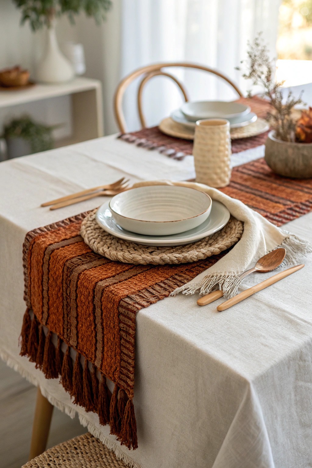 Cozy layers: Elevate your Thanksgiving table with textured linens and natural beauty.