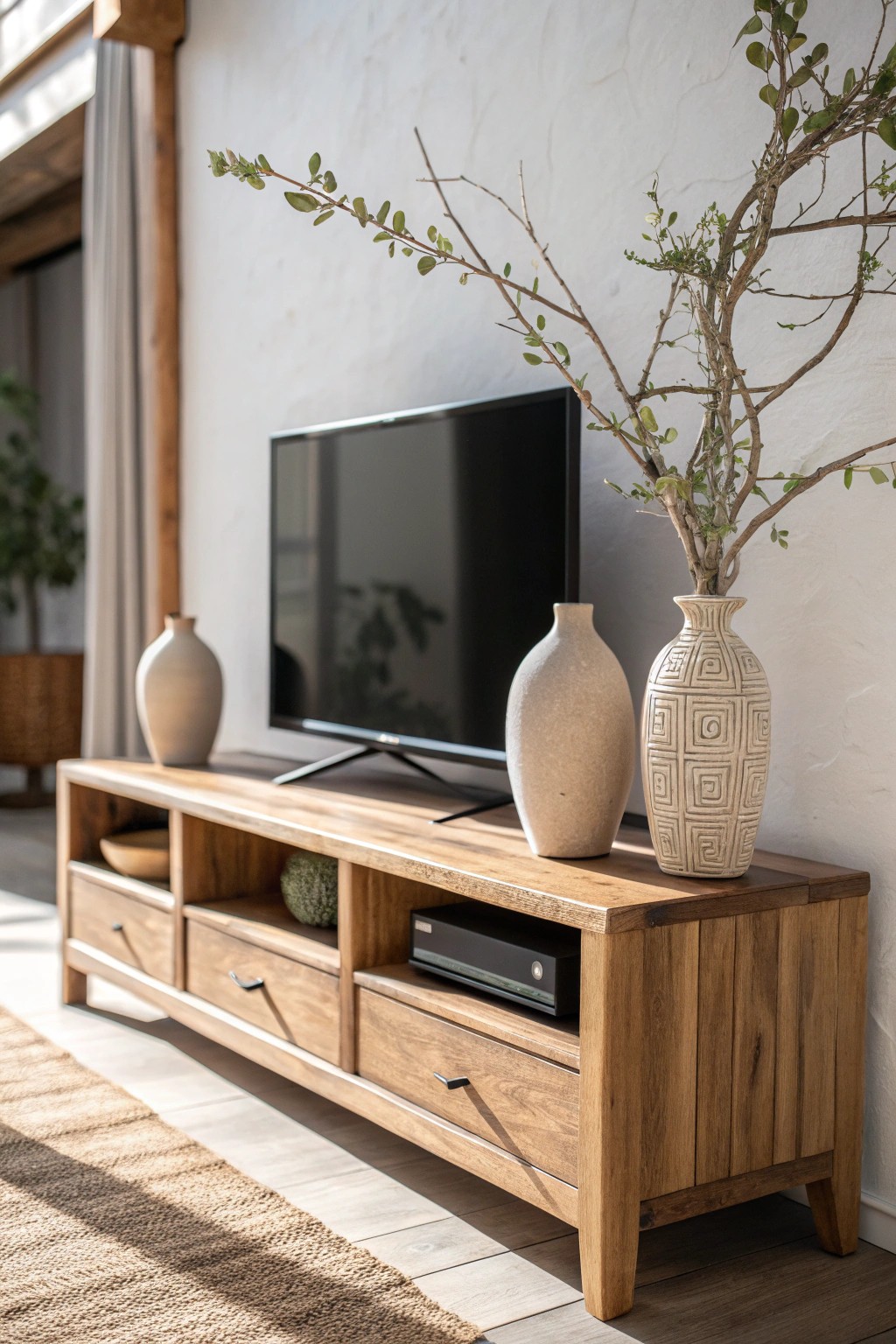 Effortless balance: Symmetrical vases bring calm and beauty to your TV stand.