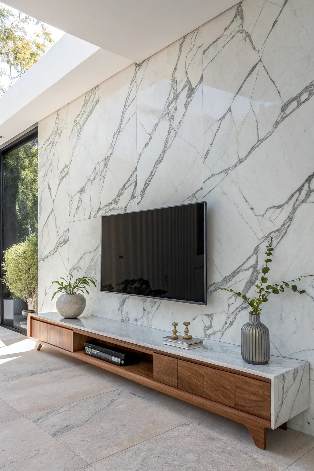 Elevate your space with the timeless beauty of a modern marble TV wall.