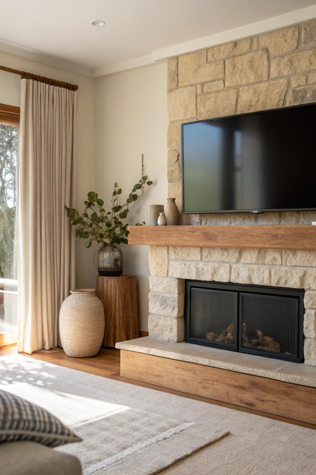 Effortless style: a beautifully mounted TV above a natural stone fireplace creates a cozy, modern focal point.