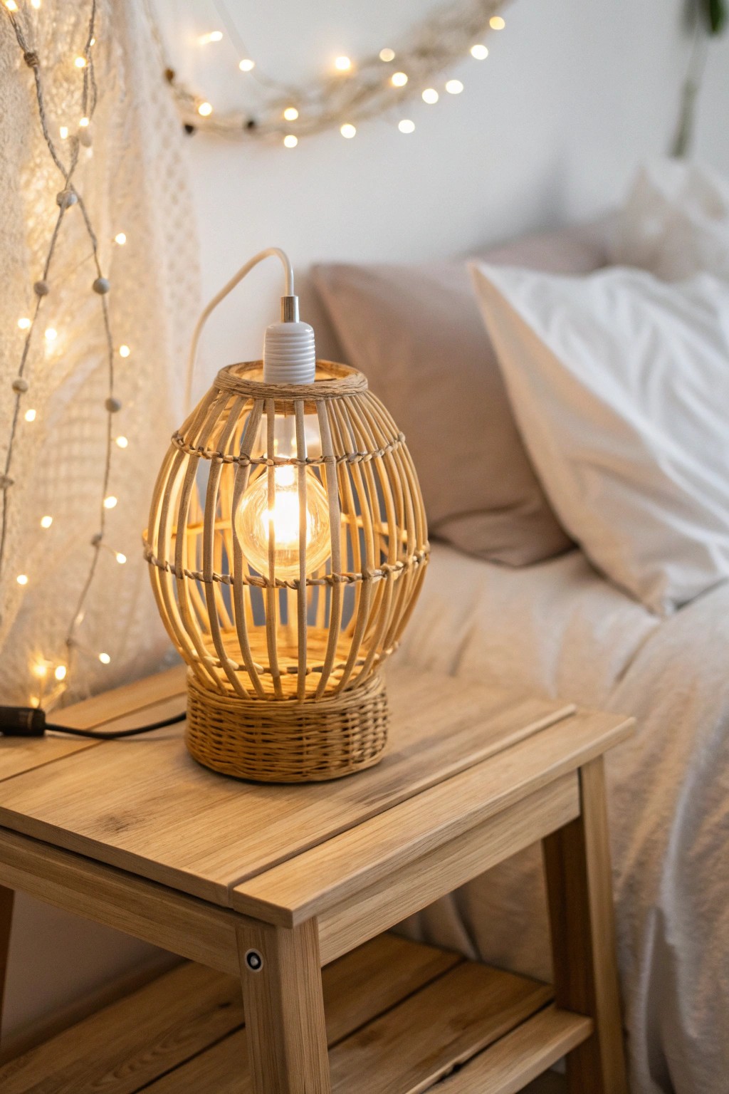 Effortless ambiance: A handcrafted lamp and fairy lights set the perfect mood for any tween girl's retreat.
