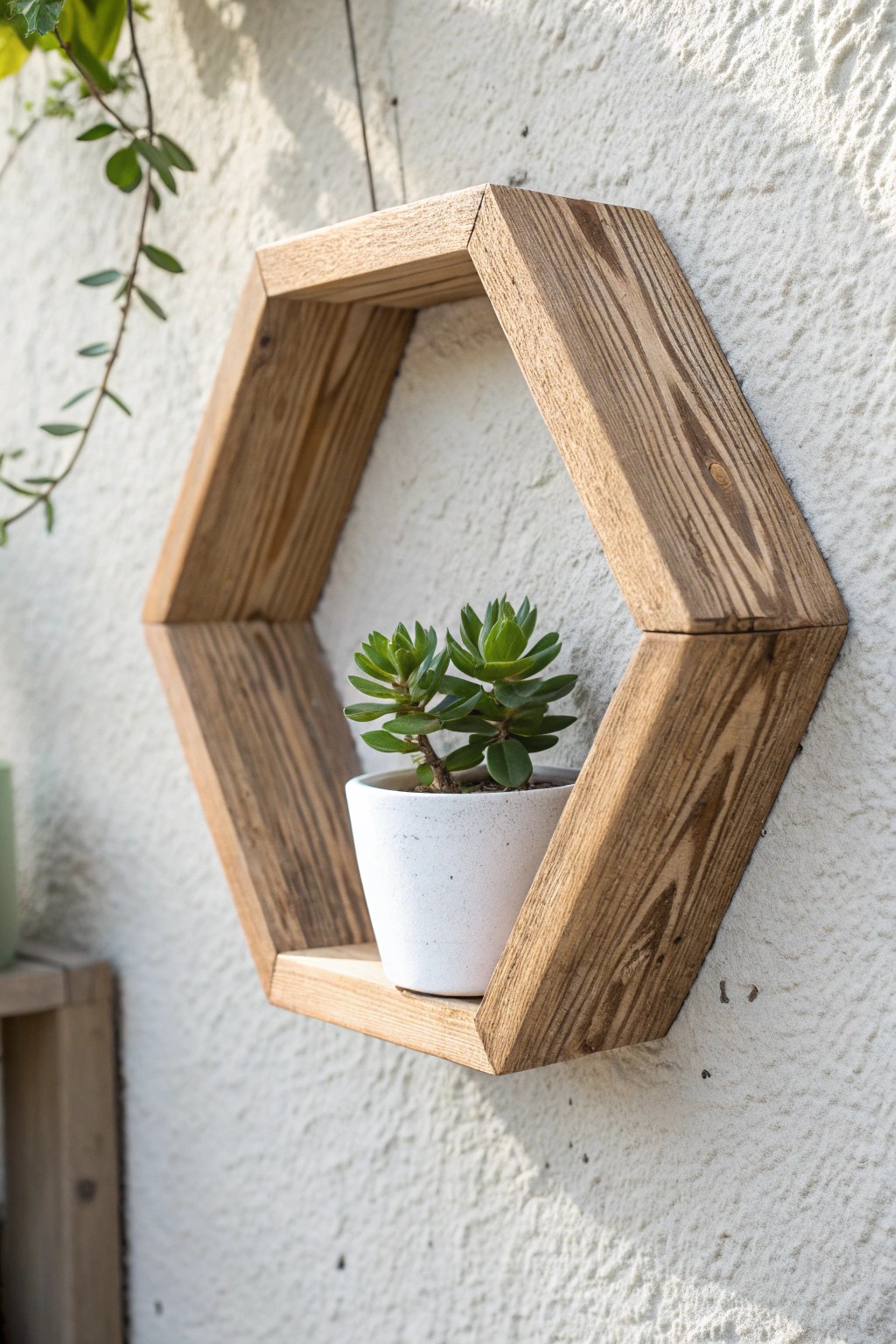 Modern simplicity: a handcrafted hexagon shelf brings natural charm to your wall.