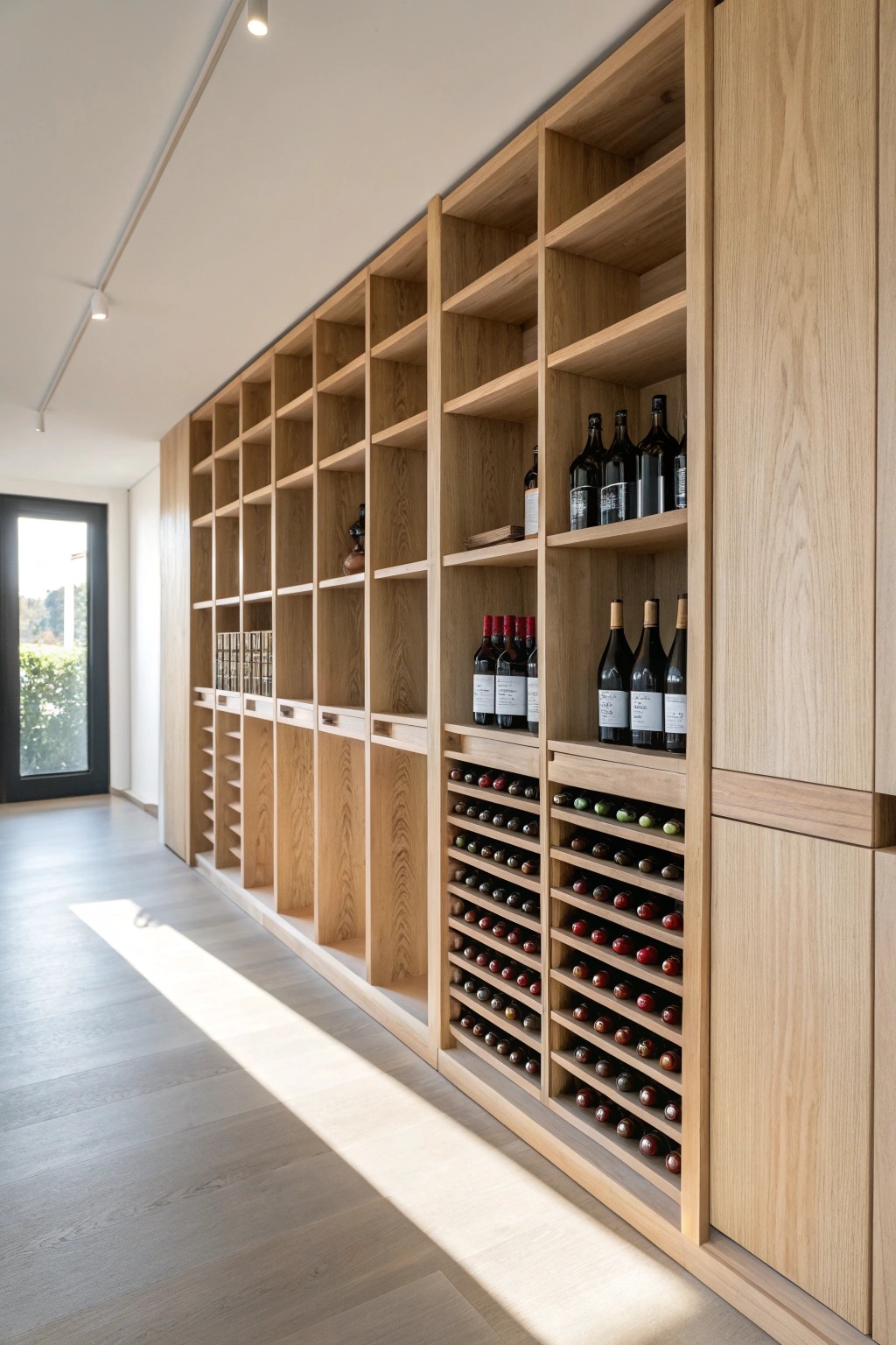 Elevate your wine storage with stunning floor-to-ceiling oak shelving—natural, simple, and timeless.