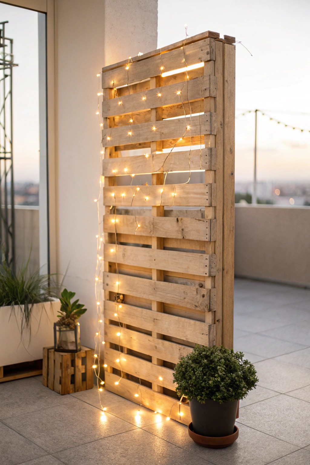 Turn pallets into a cozy patio feature with glowing string lights.