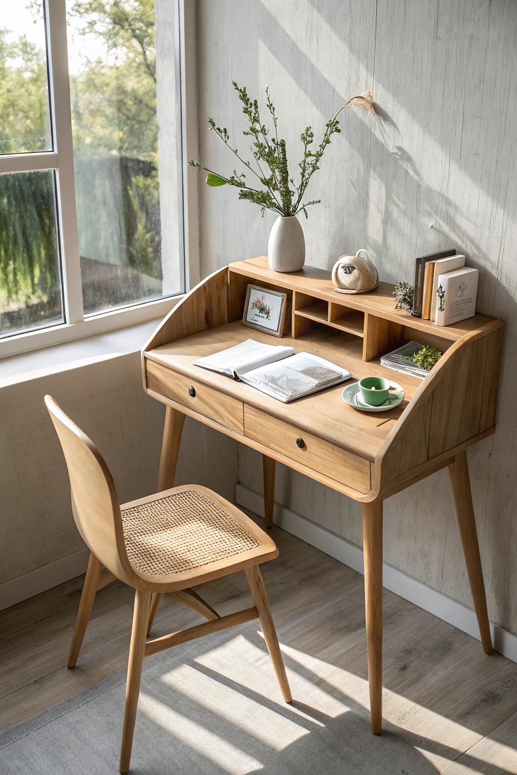 Transform an awkward alcove into a serene mini office with timeless, handcrafted style.