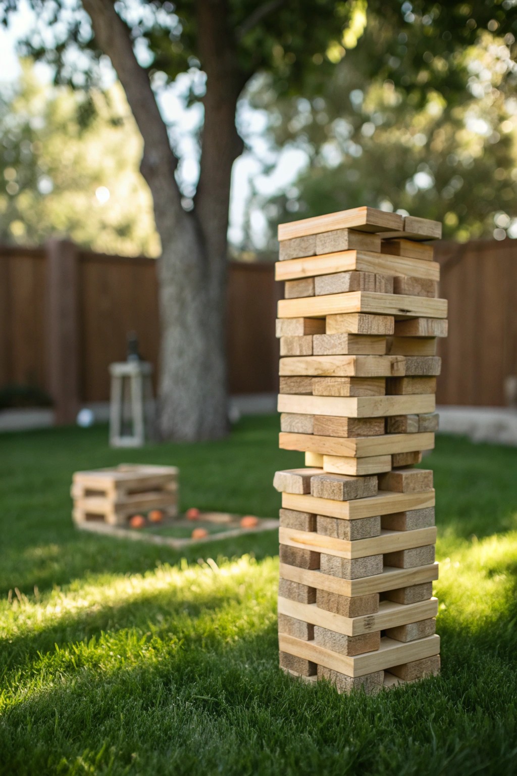 Handcrafted giant Jenga: the heart of a classic backyard game day.