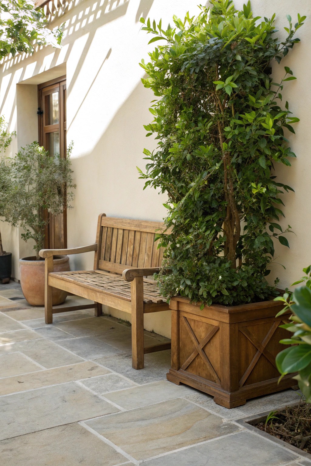Create a private backyard nook with thoughtfully placed furniture and lush greenery.