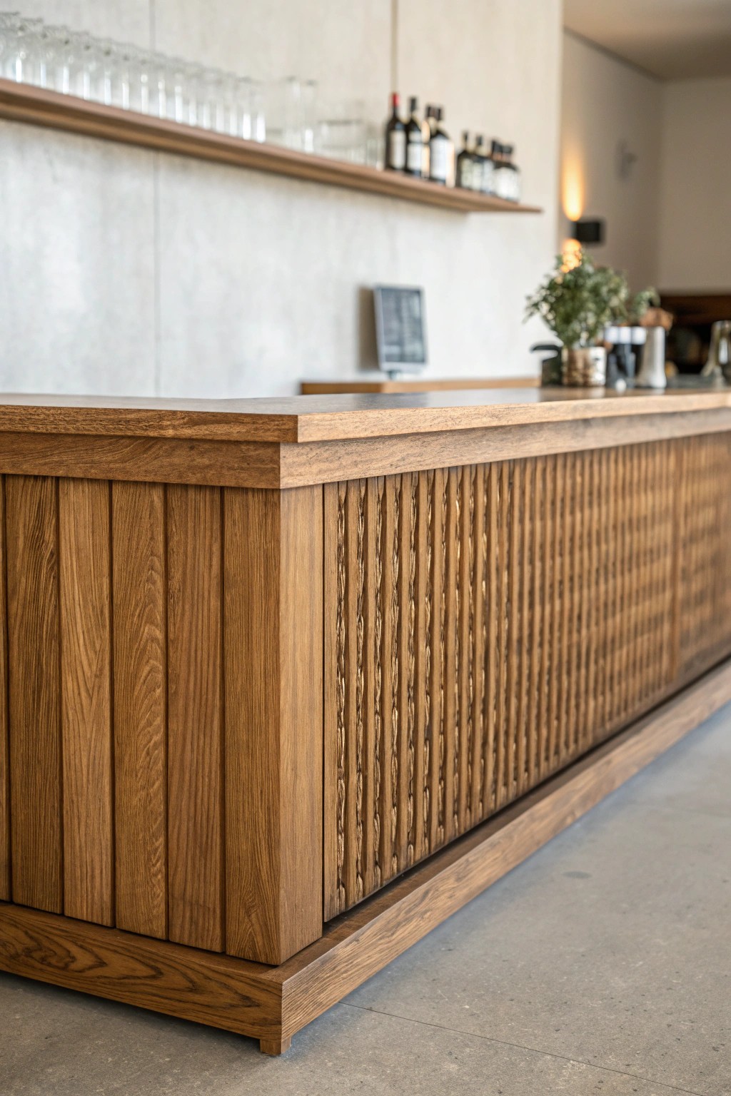 Organic warmth: A close-up of textured wood paneling transforms any bar into an inviting masterpiece.