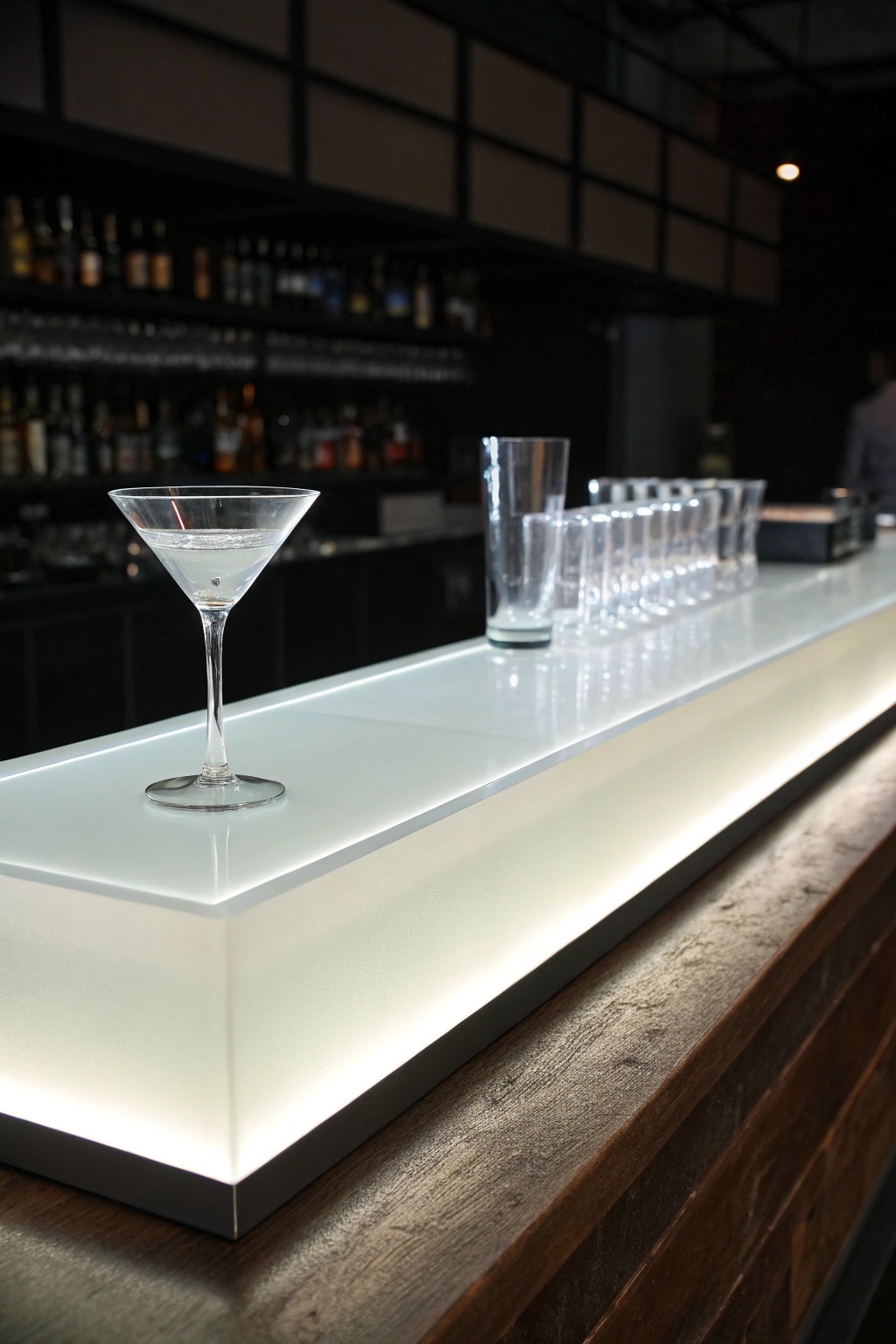 Elevate your space with the dreamy glow of a frosted glass bar top and subtle LED lighting.
