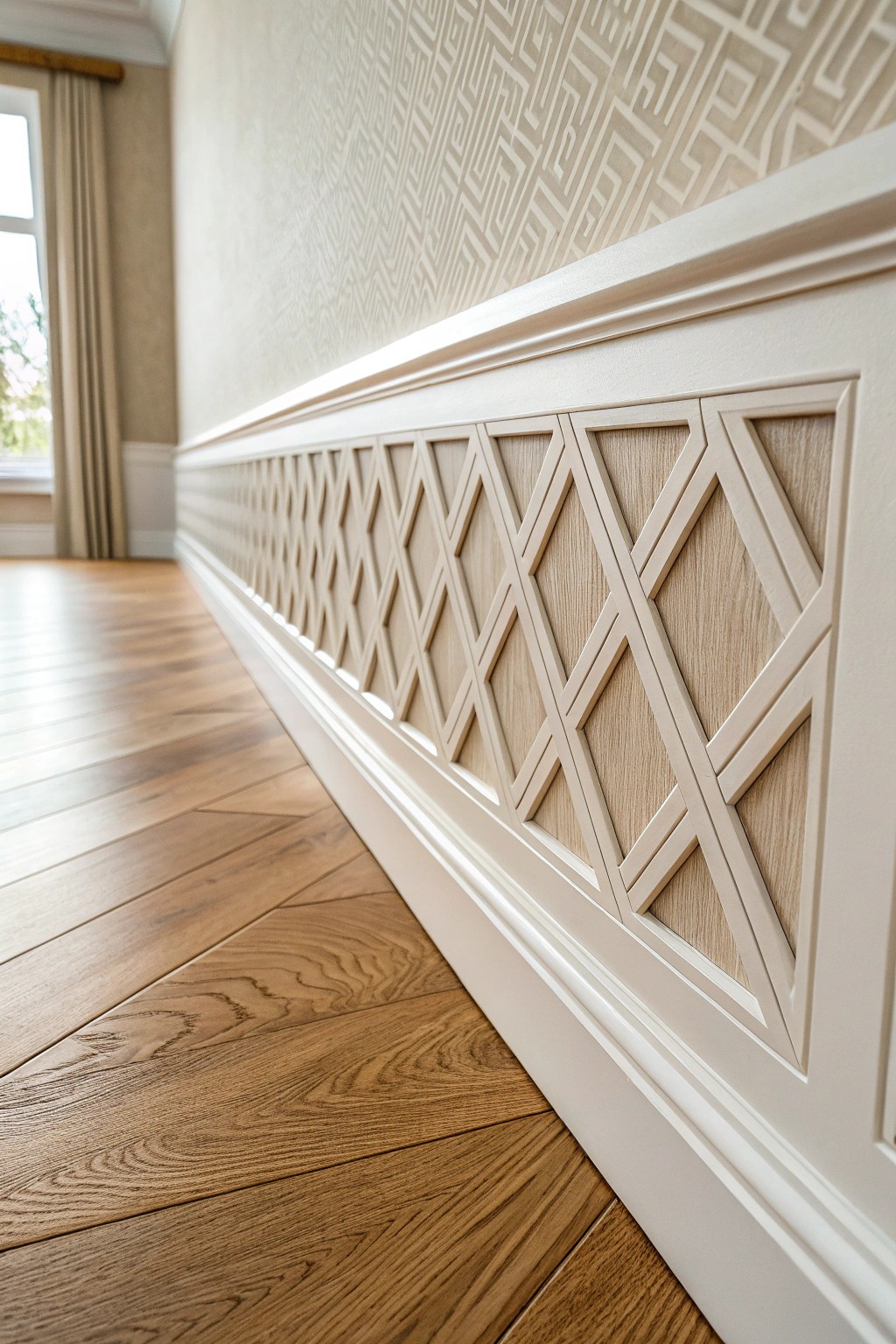 Elevate your space with striking geometric baseboard details—where craftsmanship meets bold design.