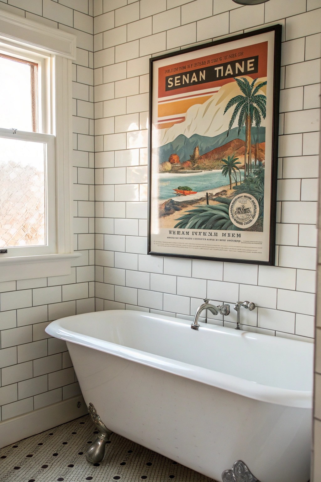 Elevate your bathroom with a timeless vintage poster for a touch of retro charm and character.