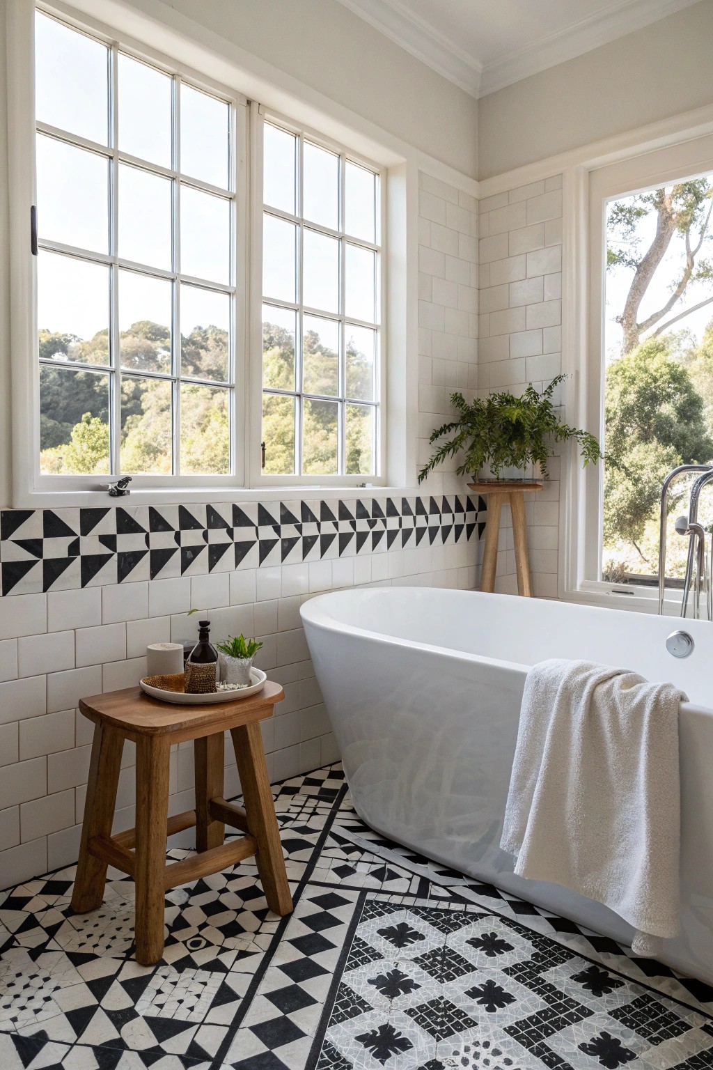Elevate your bath with a timeless checkerboard tile frame—where simplicity meets stunning craftsmanship.