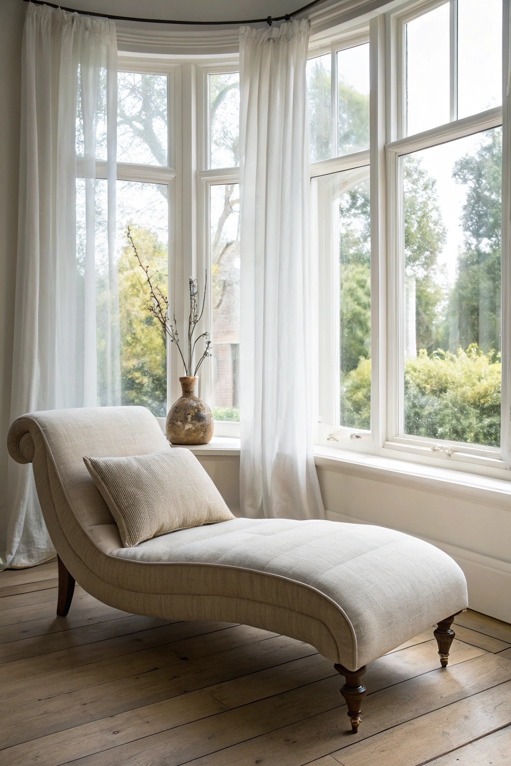 Make your bay window shine with a statement chaise and natural elegance.