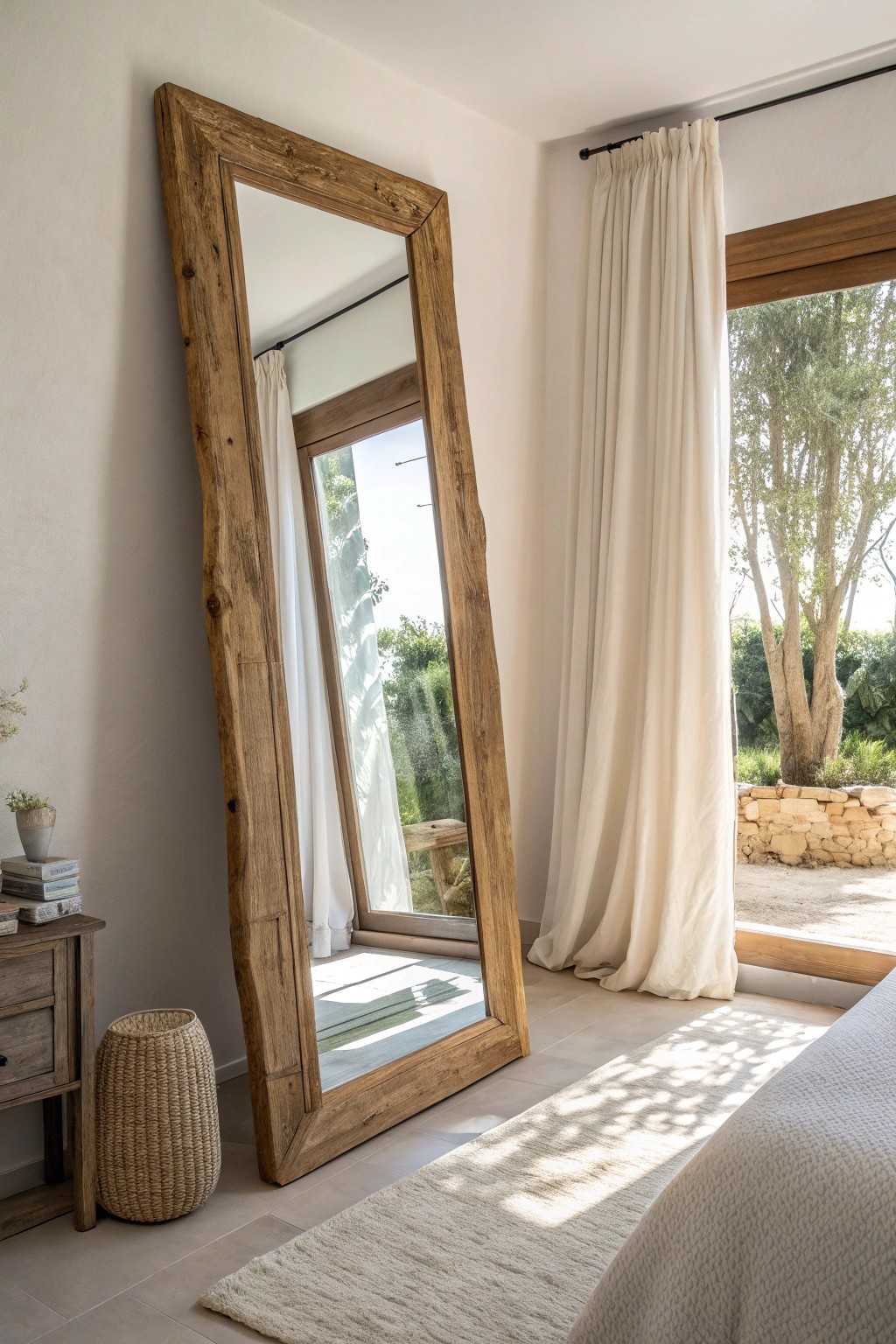 Brighten your bedroom and expand your space with a statement mirror placed opposite the window.