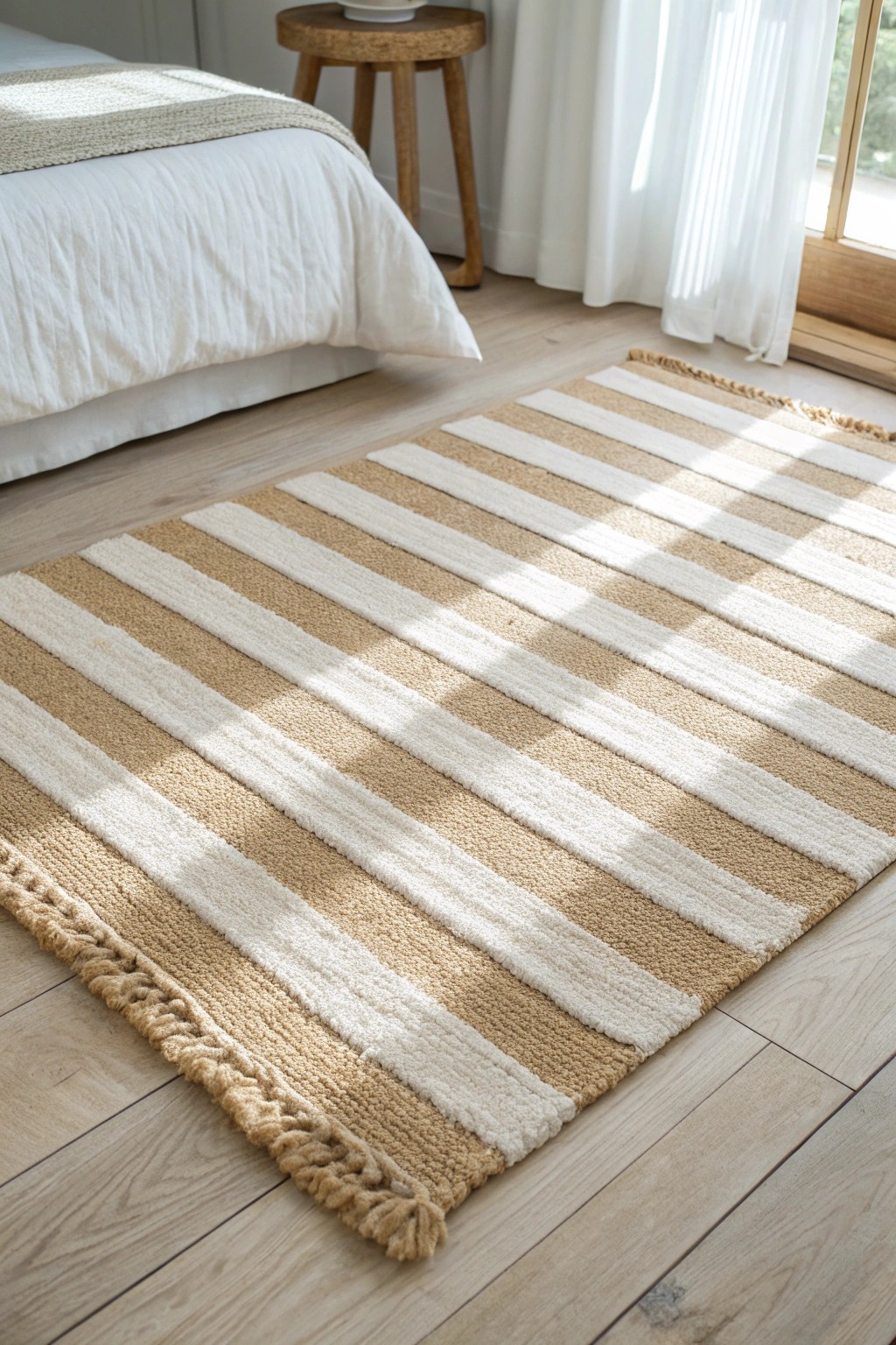 Elongate your bedroom with the timeless charm of a striped artisan rug.