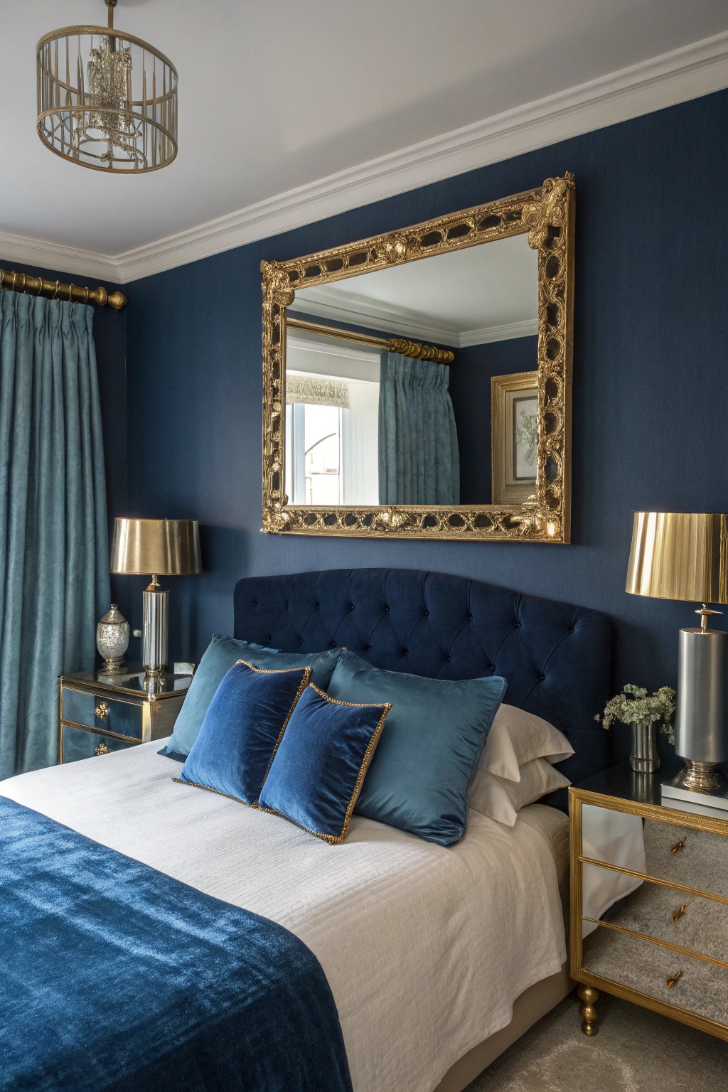 Blue paired with metallics creates a sophisticated, high-end feel.