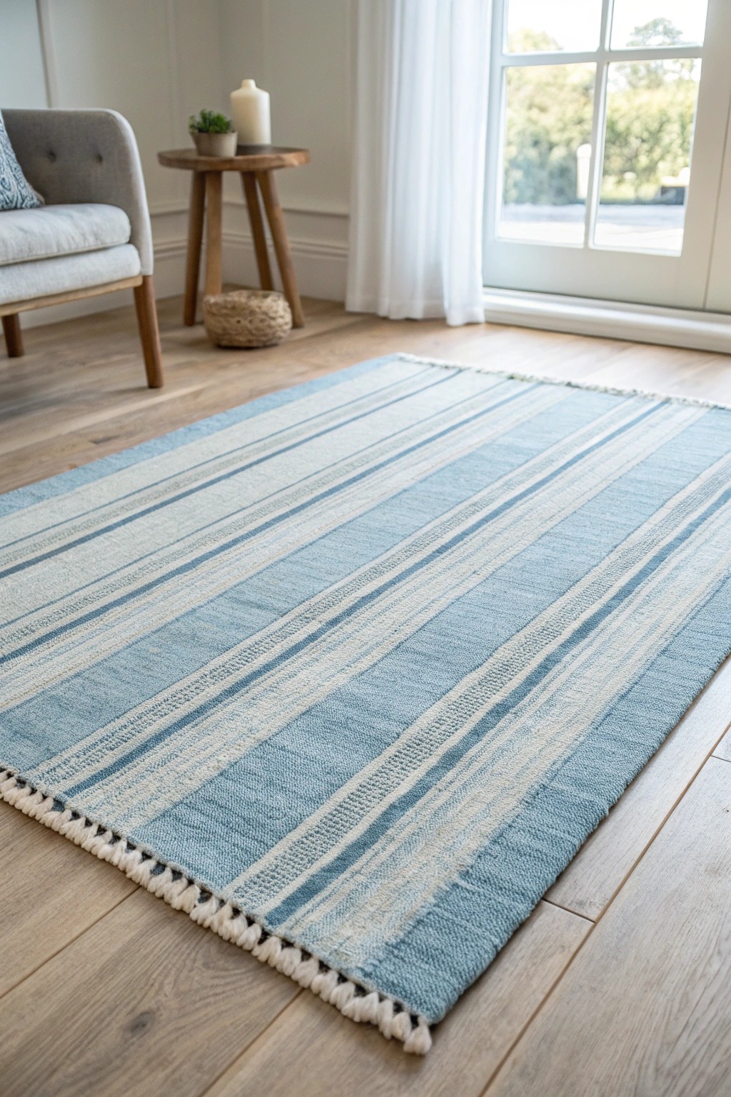 Bring harmony to your living space with a handwoven blue striped rug—where style meets simplicity.