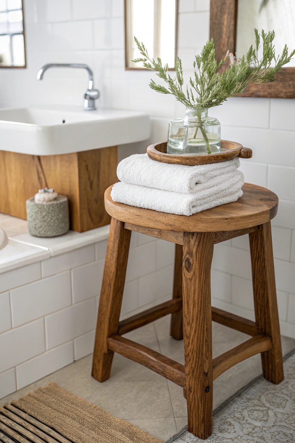 Elevate your bathroom with a timeless wooden stool—style and storage in one beautiful piece.