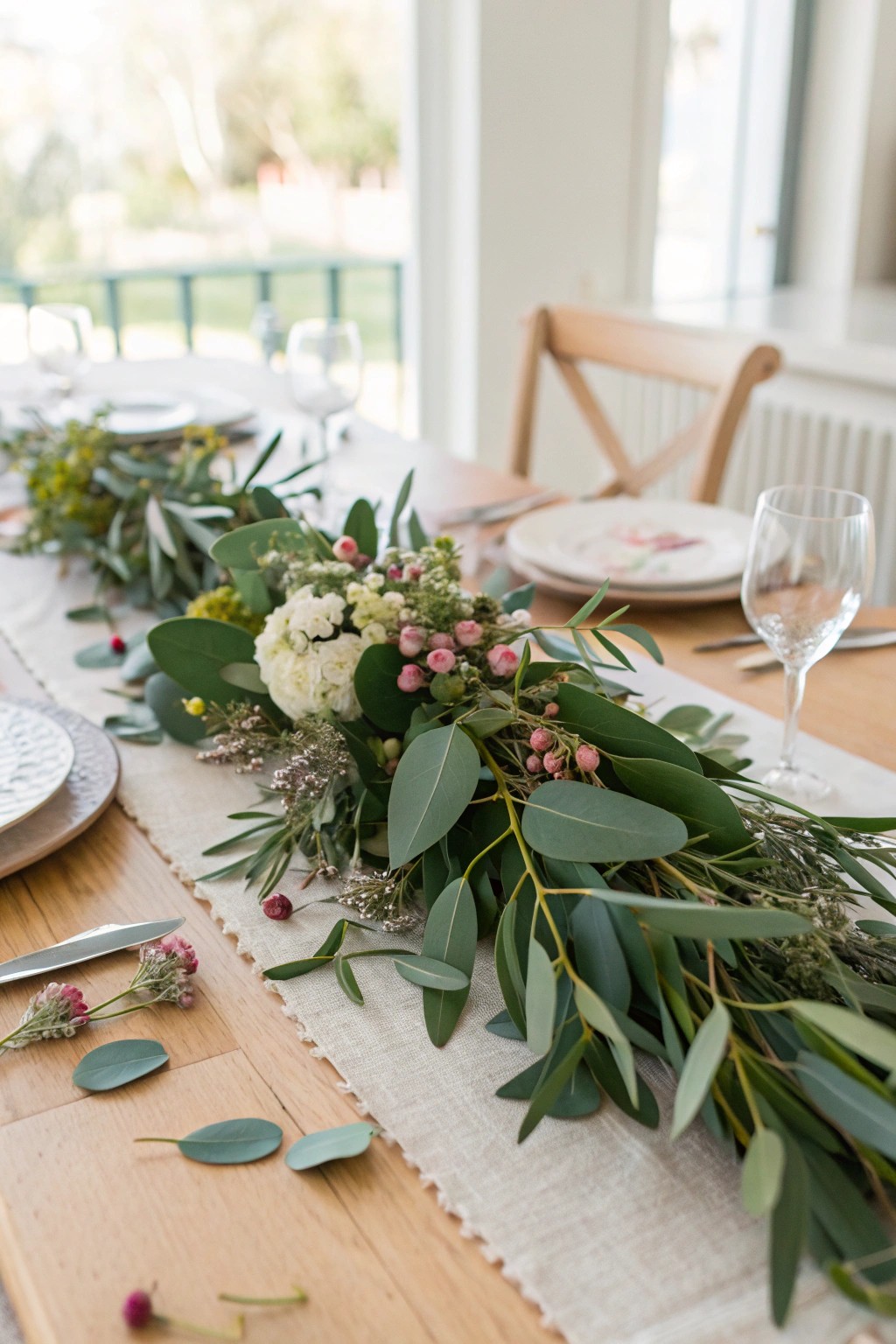 A greenery runner infuses the table with organic beauty and texture.