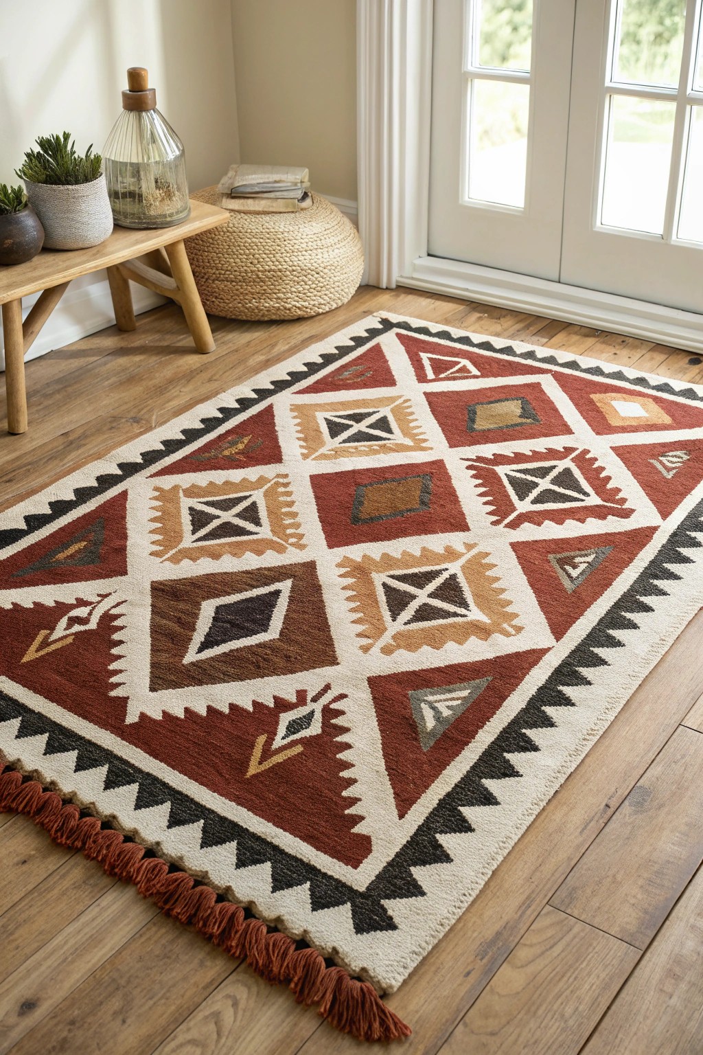 Let a bold geometric rug transform your space with effortless style.