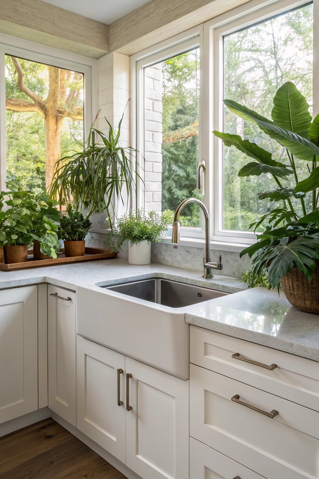 A corner sink cabinet turns an awkward area into the heart of the kitchen.