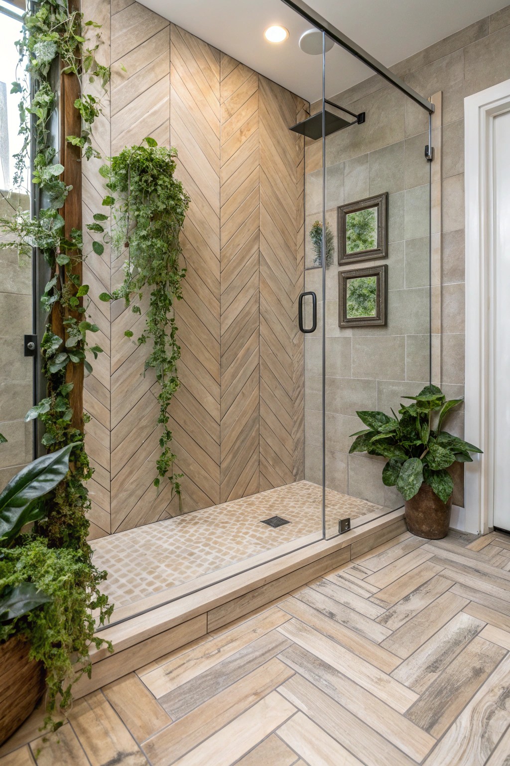 Wood-look tiles lend warmth and texture to this inviting curbless shower.